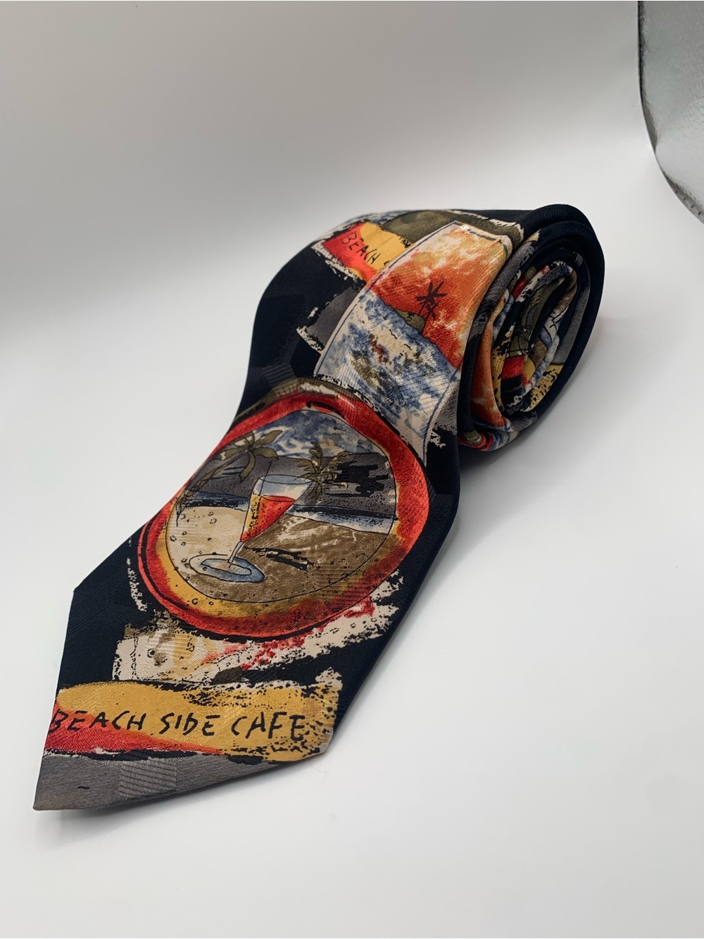 Men's Black Novelty Beach Scene Silk Tie